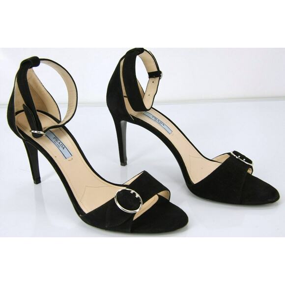 Prada Black Suede Ankle Strap Sandals Size 39.5 Heels New Buckle - Picture 5 of 11